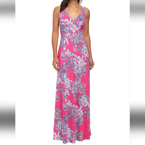 Lilly Pulitzer Pink And Blue Coral Print V Neck Maxi Dress Sz XS - Picture 2 of 9